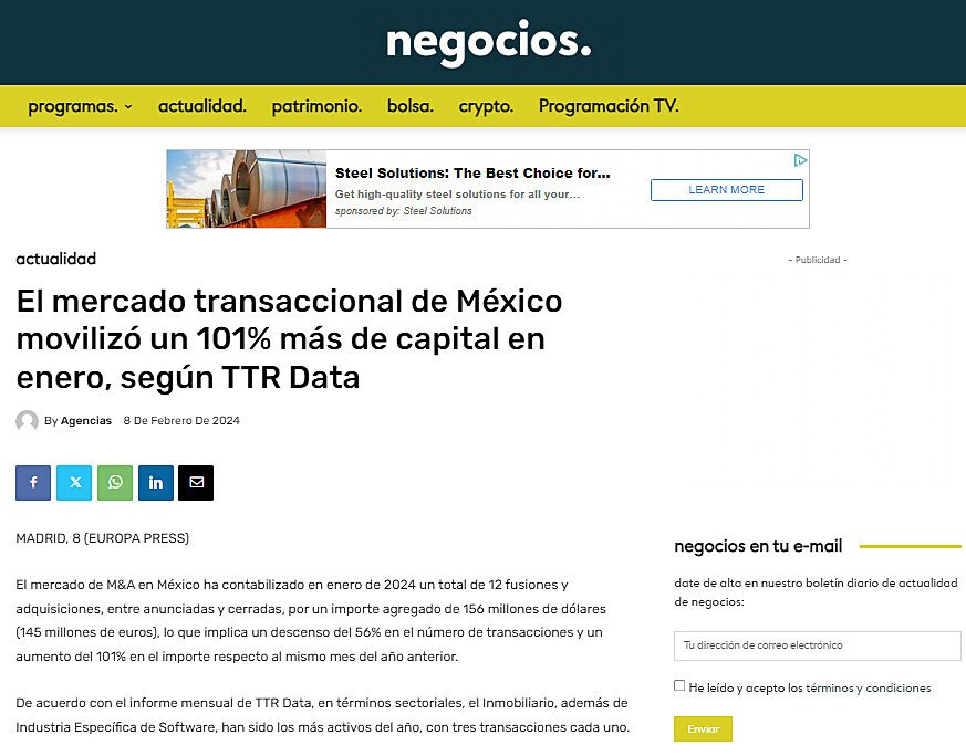 El mercado transaccional de Mxico moviliz un 101% ms de capital en enero, segn TTR Data
